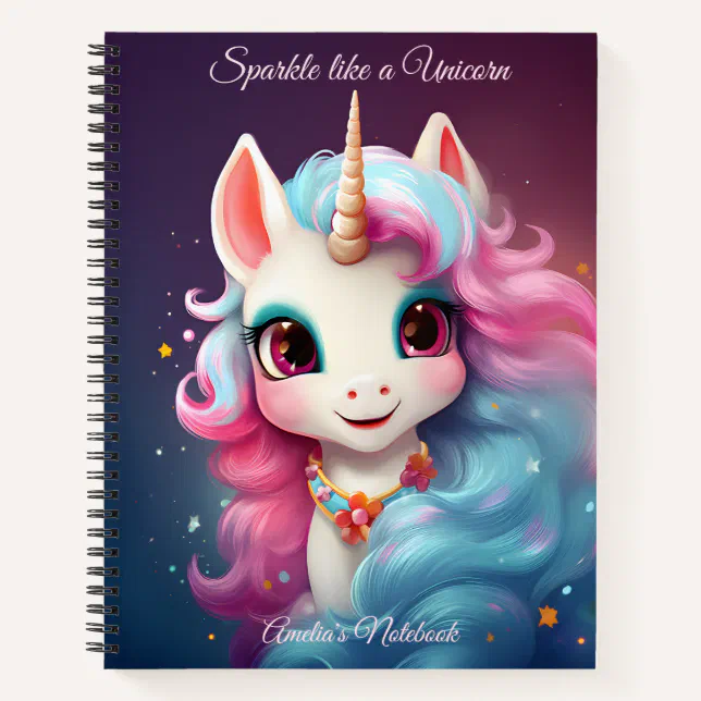 Cute Unicorn Cartoon in Pink & Purple Personalized Notebook