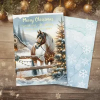 Brown and White Horse Rustic Christmas Gold Foil Holiday Card