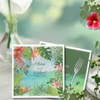Tropical Wedding  Watercolor Hibiscus Palm Green Napkins