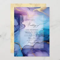 Flowing Purple, Blue, and Gold Alcohol Ink Wedding Invitation