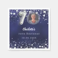 70th birthday navy blue silver stars photo napkins