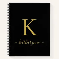 Elegant Black Gold Monogram Script Name Notebook