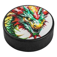 Fire breathing dragon red, green, and yellow scale hockey puck