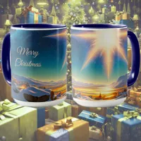 Christmas star, charming winter landscape at night mug