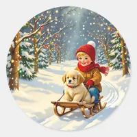 Vintage Christmas Scene, Boy on Sled with Puppy Classic Round Sticker