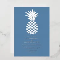 Dusty Blue & Silver Tropical Pineapple Wedding Foil Invitation