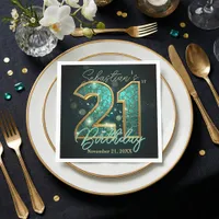 Teal Turquoise Gold Mosaic Agate 21st Birthday Napkins