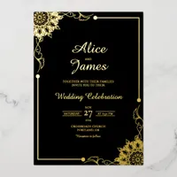 Floral Border Black Gold Foil Wedding Invitation