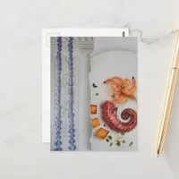 Yummy Seafood with white column surreal collage Postcard