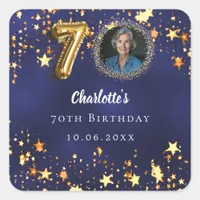 70th birthday navy blue gold stars photo square sticker