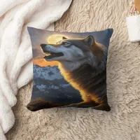 Majestic Wolf Howling Under Full Moon at Dusk Throw Pillow