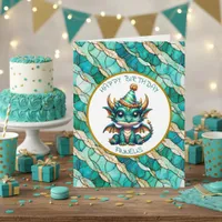 A Teal and Gold Dragon Personalized Boy's Birthday Card