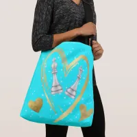 Gold Hearts King and Queen Chess Pieces on Turq | Crossbody Bag