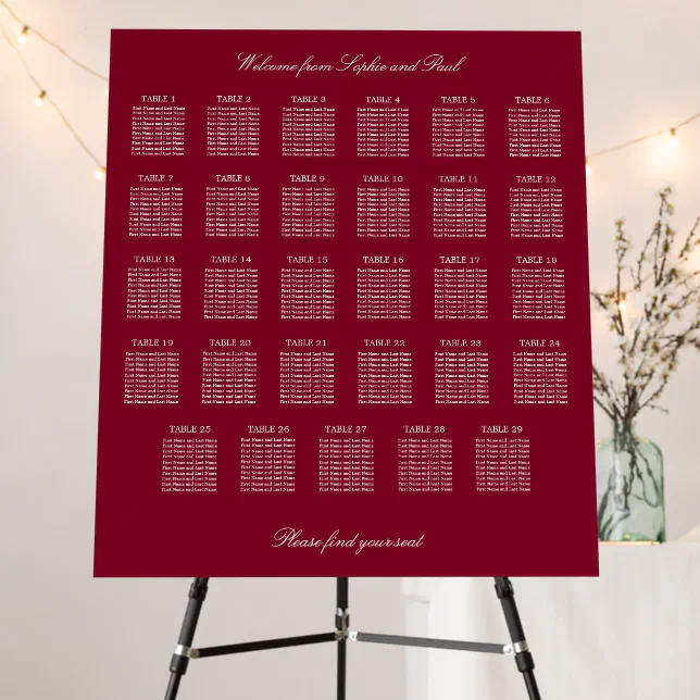 Burgundy 29 Table Wedding Seating Chart Foam Board