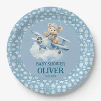 Cute Bear Blue Plane Time Flies One 1st Birthday Paper Plates