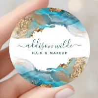 Blue And Gold Modern Art Liquid Watercolor Ink Classic Round Sticker