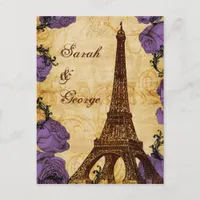 purple vintage eiffel tower Paris wedding rsvp Invitation Postcard