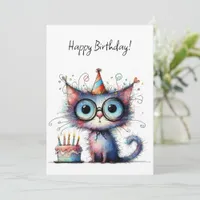Quirky Whimsical Cat Party Hat Cake Birthday Card