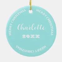 Daughter Photo And Name Aqua Blue Merry Christmas Ceramic Ornament