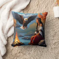 Native American Woman by Campfire, Eagle Throw Pillow