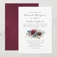 Burgundy and Navy Floral watercolor Wedding Invitation