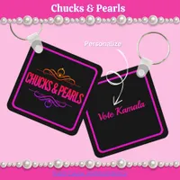 Chucks & Pearls Vote Kamala Black Keychain