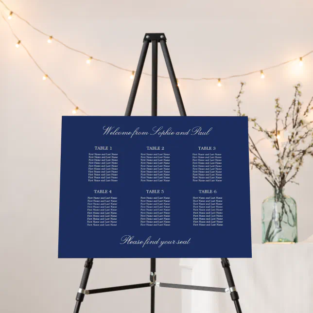 Navy Blue 6 Table Wedding Seating Chart Foam Board