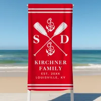 Nautical Anchors Boat Oars Family Monogram Red Beach Towel