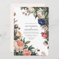 Elegant Sage, Navy & Peach Floral Wedding QR Code Invitation