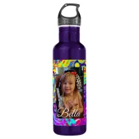 Personalized Purple, Blue, Yellow Photo   Stainless Steel Water Bottle