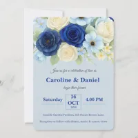 Navy Royal Bue Wedding Watercolor Ivory Flowers Invitation