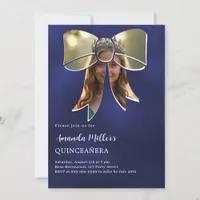 Photo bow navy blue Quinceanera Invitation
