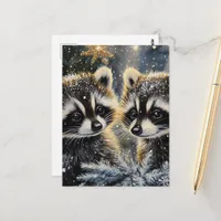 Two Adorable Baby Raccoon in Winter Postcard