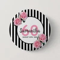 60th birthday pink roses black white stripes button