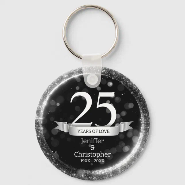 Silver Black Glitter Edit Year Wedding Anniversary Keychain