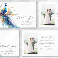 Peacock Blue Gold Photo Wedding Thank You Card
