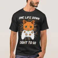 One Life Down Orange Cartoon Cat Controller Gamer  T-Shirt