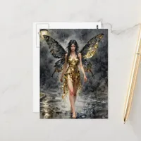 Fairy in a gold dress in the night rain postcard