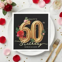 Elegant Red Rose Black and Gold 60th Birthday Napkins