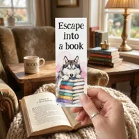 Watercolor Siberian Husky Stack of Books Reading Bookmarks