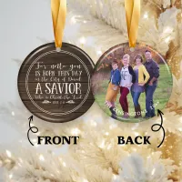 Christian Christmas Verse Typography on Wood Photo Ceramic Ornament