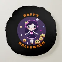 Cute Kawaii Girl in Pumpkins Halloween Round Pillow