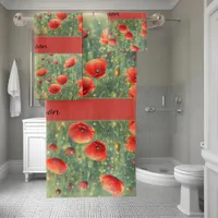 Glowing field of red poppies, personalizable  bath towel set