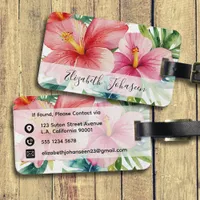 Watercolor Aloha Hawaiian Red Flowers Script Name Luggage Tag