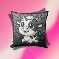 Silver Glitter on Black with a Cow | Outdoor Pillow