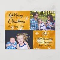 Merry Christmas Family Photo Gold Snowflakes Holiday Postcard