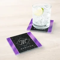 Elegant Black Marble & Purple Foil Monogram Glass Coaster