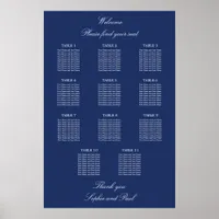 Navy Blue 11 Table Wedding Seating Chart Poster