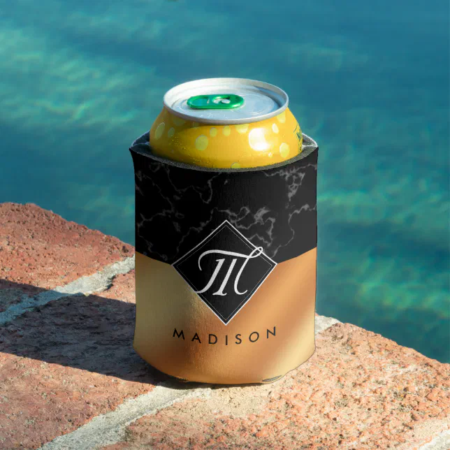 Elegant Black Marble & Copper Foil Monogram Can Cooler