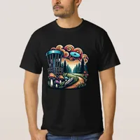 Retro Mushrooms and Disc Golf Course Ai Art T-Shirt